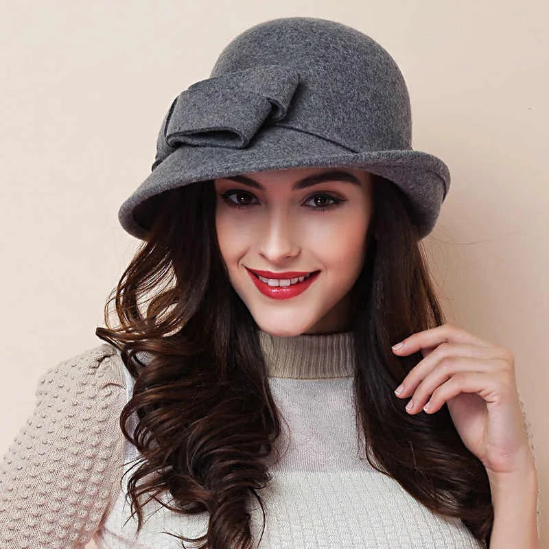 Hat Children Elegant Retro Woolen Top Hat Curled Edge Bow Fashion Pot Hat Big Head Circumference Felt Palace Hat