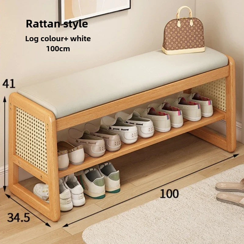 Teng woven shoe changing stool, entrance door, home door, multi-layer storage, solid wood, can sit on shoe stool