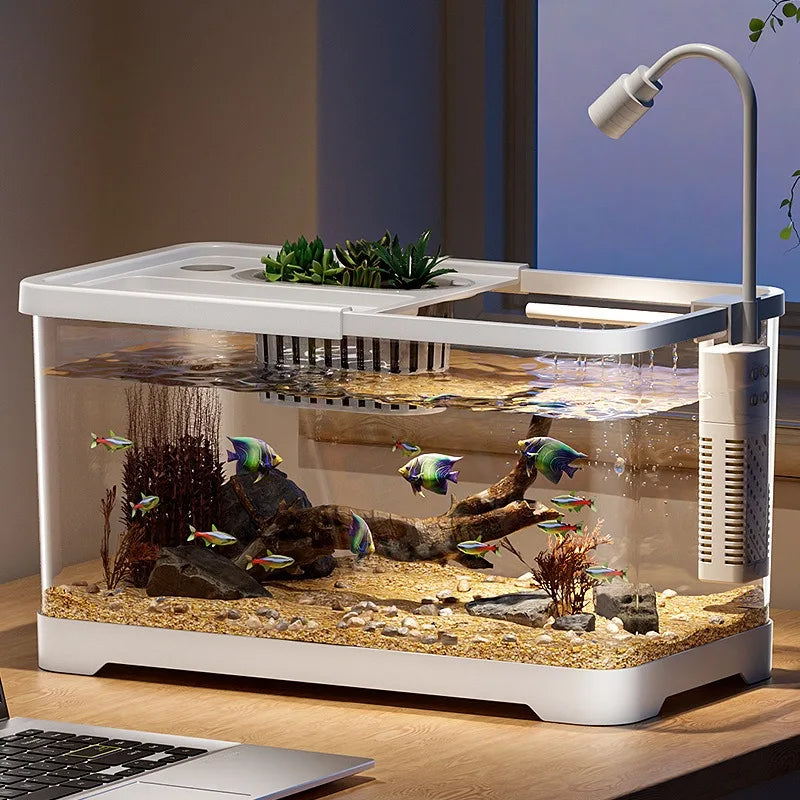 Fish tank household aquarium living room desktop ecological circulation tank filter oxygenation integrated tank with cover