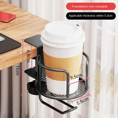 2 in 1 Desk Cup Holder with Headphone Hanger Holder, Anti-Spill Clip-On Table Cup Hook with 360° Rotation for Office Home Table