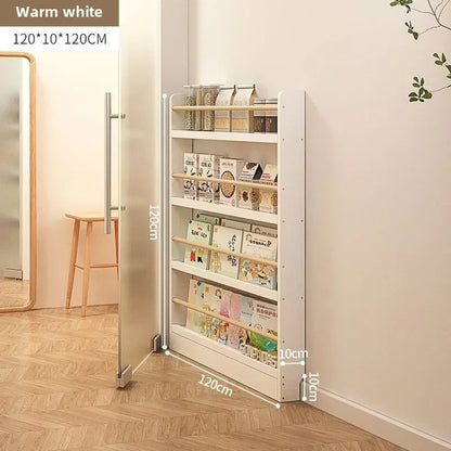 Solid wood bookshelf, floor standing wall mounted multi-layer storage rack, household bookshelf, thin bookshelf behind the door