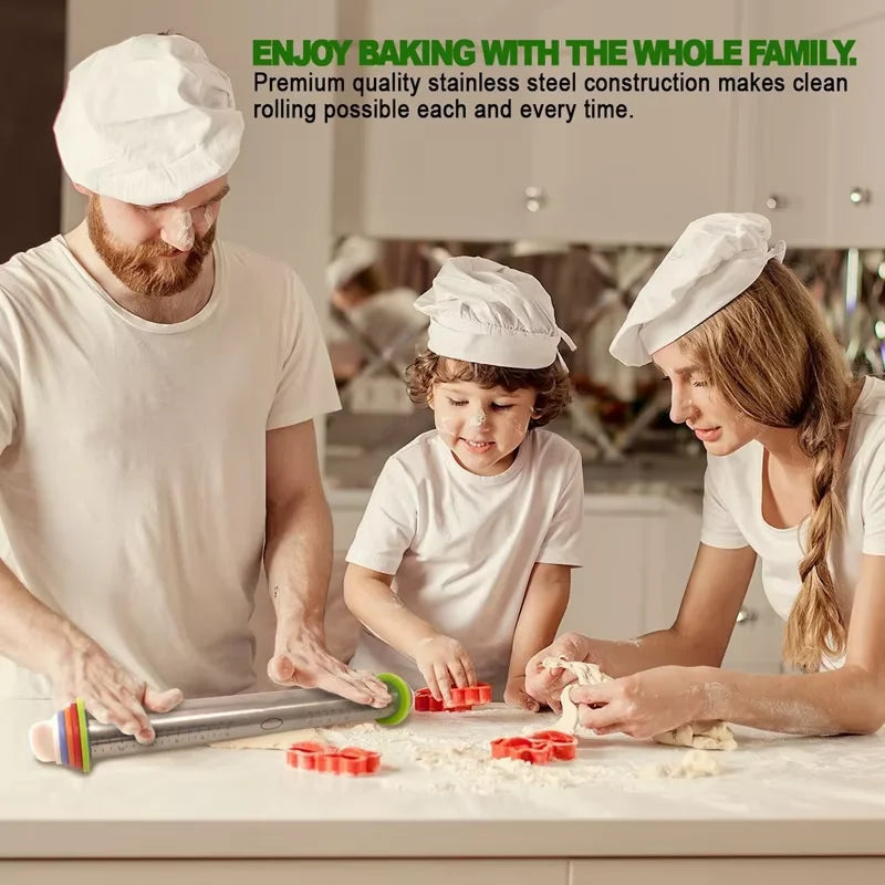17inch Rolling Pin and Pastry Baking Mat Set Stainless Steel Rolling Pins with Adjustable Thickness Rings for Baking YY173