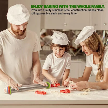 17inch Rolling Pin and Pastry Baking Mat Set Stainless Steel Rolling Pins with Adjustable Thickness Rings for Baking YY173