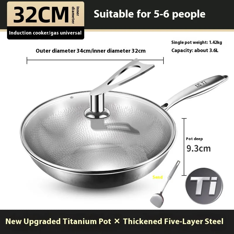 Kengqiang Pure Titanium Frying Pan Uncoated Non Stick Pan Fish Scale Hammer Pattern Titanium Alloy Wok Kitchen Custom Cookwares