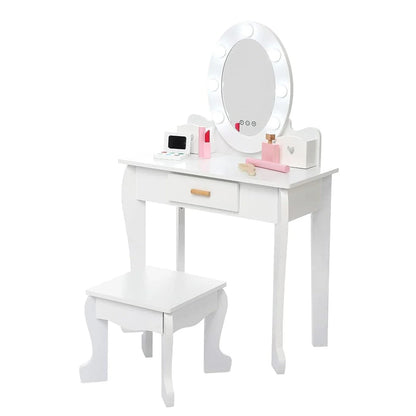 Kids Vanity Set, Pretend Play Girls Vanity Table and Chair Set with Lighted Mirror,Stool,Wood Makeup Playset,Birthday Gift