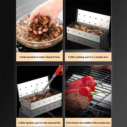 BBQ Smoker Box Stainless Steel Wood Chips Smoker Box with Hinged Lid Heavy Duty BBQ Smoke Box For Charcoal Grilling YY224