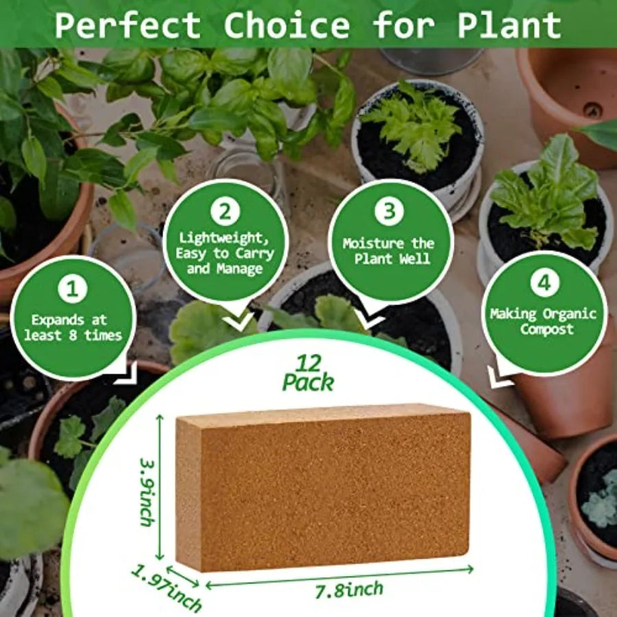 12pcs Organic Coco Coir Bricks Soil Blocks- 100% Natural Compressed Coco Peat Brick Coconut Fiber Substrate with Low ECand pH B