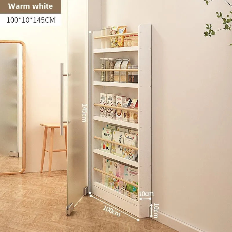 Solid wood bookshelf, floor standing wall mounted multi-layer storage rack, household bookshelf, thin bookshelf behind the door