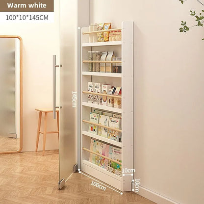 Solid wood bookshelf, floor standing wall mounted multi-layer storage rack, household bookshelf, thin bookshelf behind the door