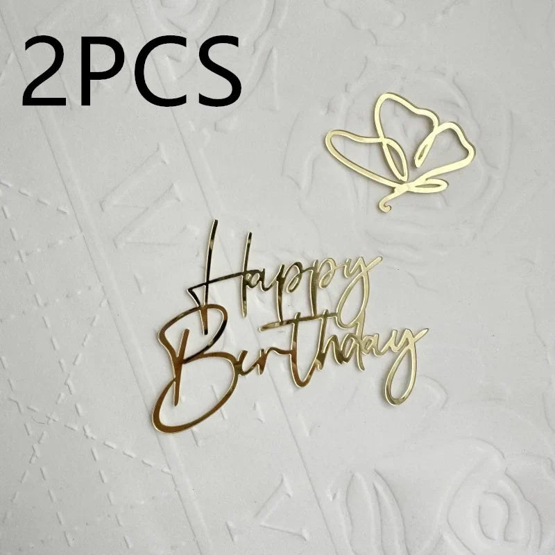 Ins Simple Style Happy Birthday Cake Topper Gold silver Acrylic Kids Party Gift Cupcake Toppers Baby Shower Dessert Decoration