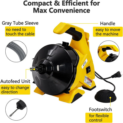 30FT Electric Drain Cleaner Machine Auto-Feed Drain Auger for 3/4" to 2" Pipes Sewer Snake for Sinks, Toilets, Floor Drains