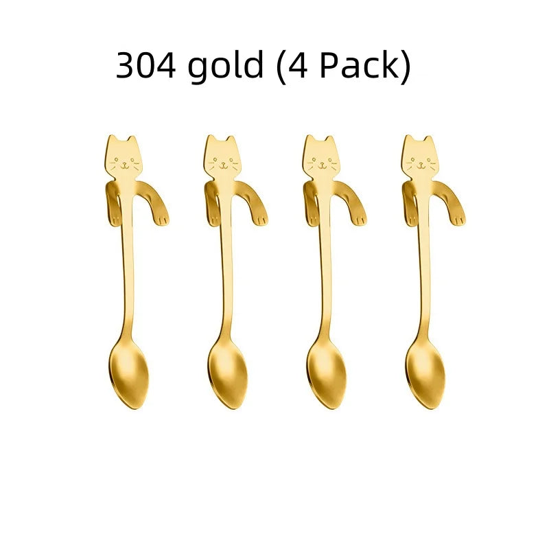 2/4PCS Set 304 Stainless Steel Cat Spoon Creative Cartoon Hanging Edge Spoon Cute Coffee Spoon Gold-plated Stirring Spoon