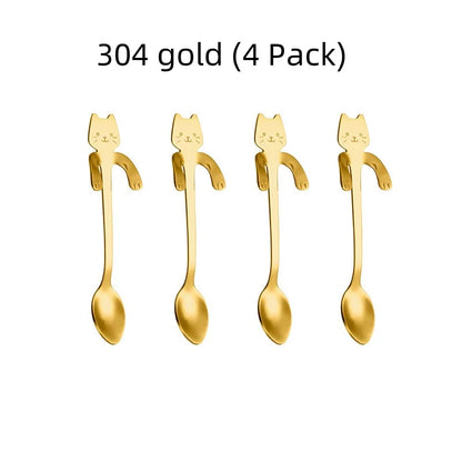 2/4PCS Set 304 Stainless Steel Cat Spoon Creative Cartoon Hanging Edge Spoon Cute Coffee Spoon Gold-plated Stirring Spoon
