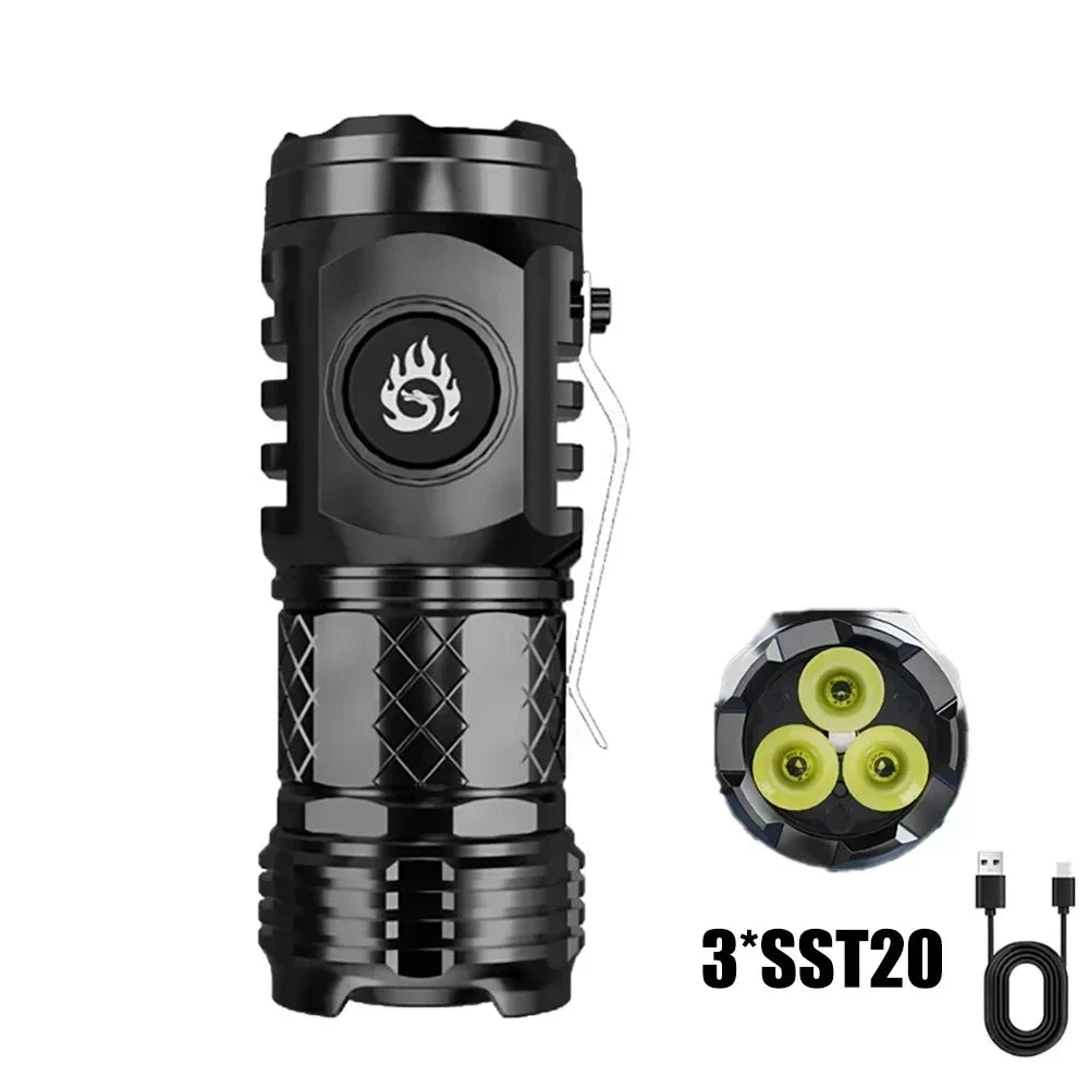 Super Bright Mini 3LED Flashlight With Pen Clip And Tail Magnet,Builtin Battery USB Charge Outdoor Portable Torch Emergency Lamp