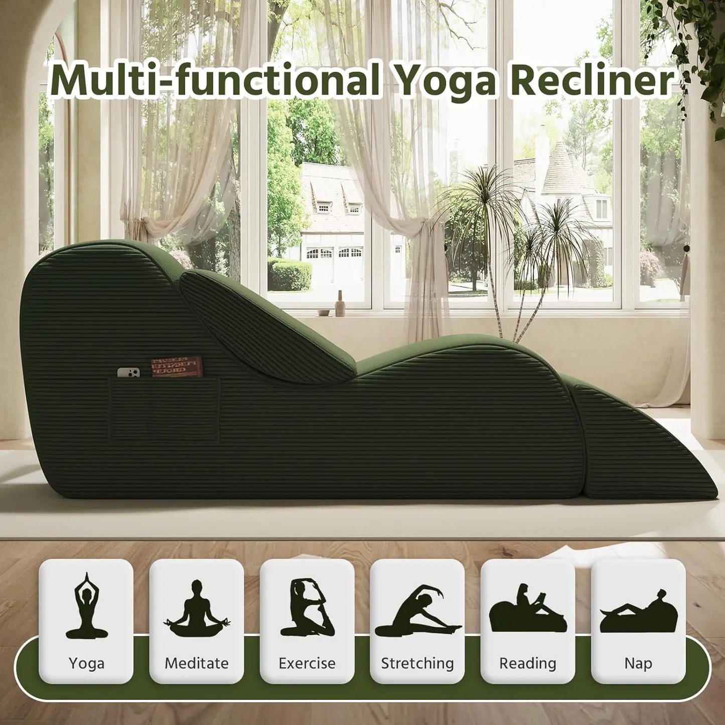 Corduroy Yoga Sofa - All Sponge Filled Stretching Lounge Chair with Side Pocket for Home Fitness & Relaxation