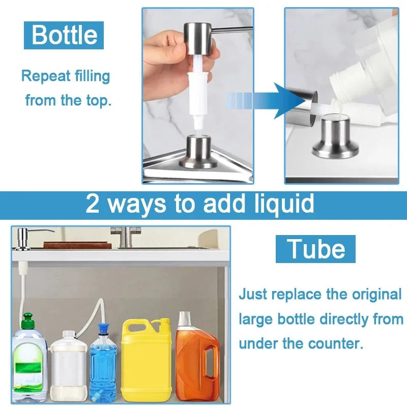 Stainless Steel Press Head Soap Dispenser for Kitchen Sink Soap Dispenser Extension Tube kit Under Sink Soap Dispenser Pump
