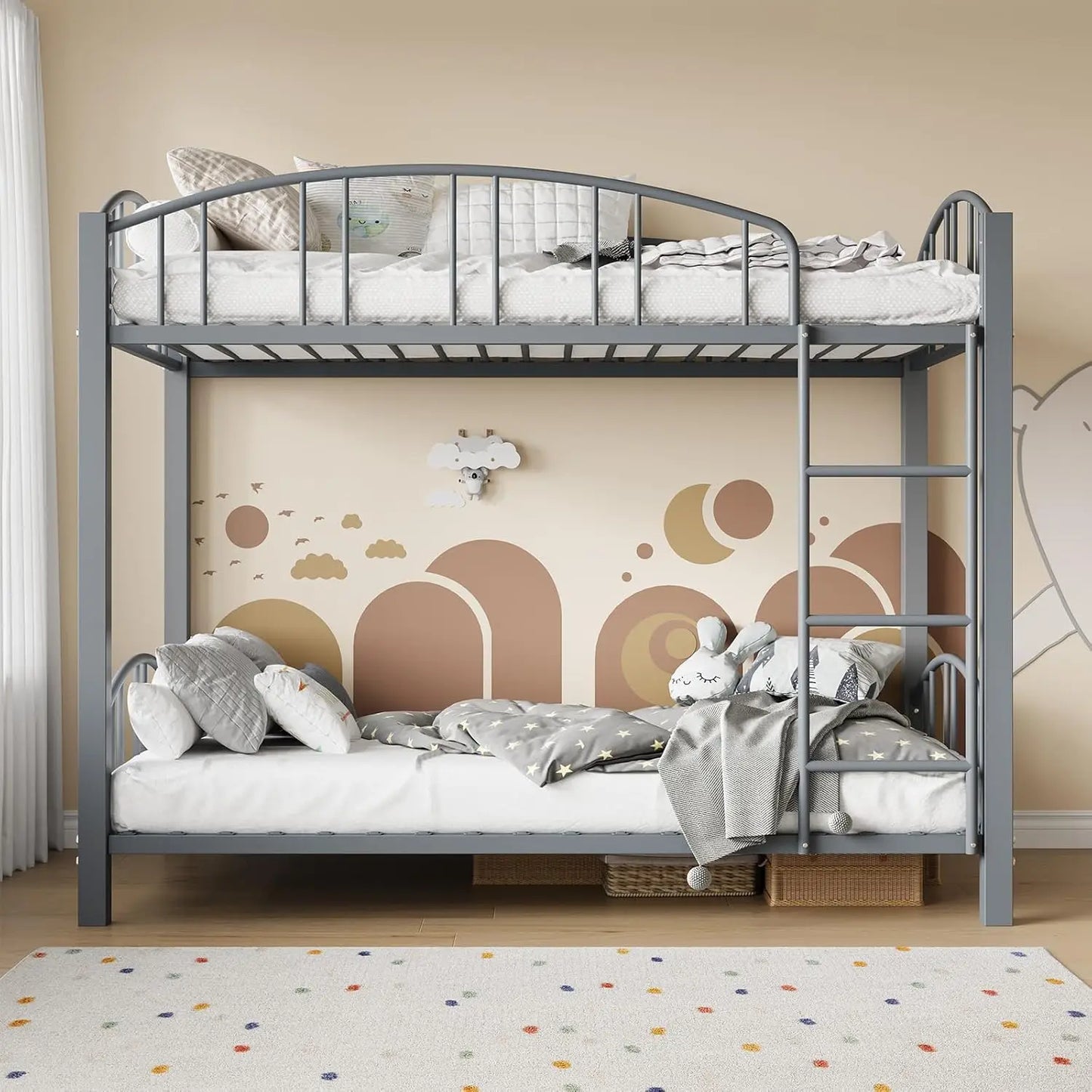Metal Loft Bed Bunk Beds Twin Over Full Size with Heightened Safety Guardrail & Ladder, for School, Bedroom, Twin Size Grey