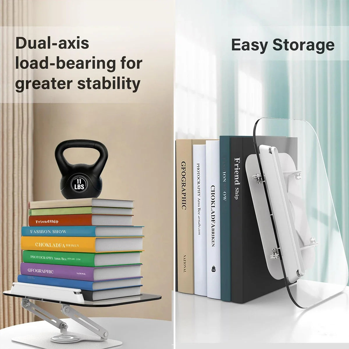 Acrylic Book Stand for Reading Adjustable Book Holder with 360° Rotating Base Elastic Page Clips Foldable Desktop Riser Stand