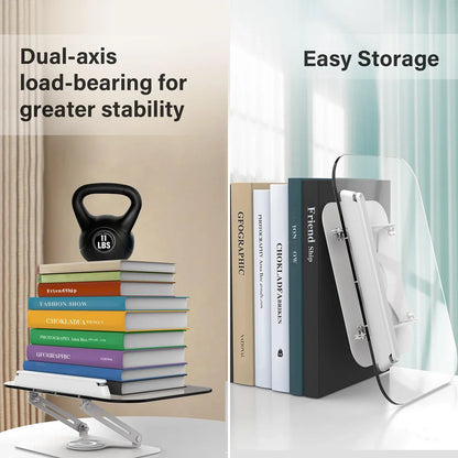 Acrylic Book Stand for Reading Adjustable Book Holder with 360° Rotating Base Elastic Page Clips Foldable Desktop Riser Stand