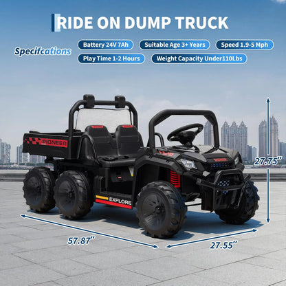 24V 4WD Electric Ride-on Dump Truck For Kids 2-Seater With Parental Remote Control 3 Speeds All-Terrain Off-Road Toy Car