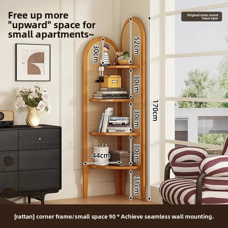 Retro bookshelf triangular corner cabinet rattan weaving living room screen partition study storage bedroom corner cabinet