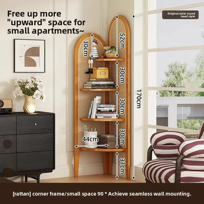 Retro bookshelf triangular corner cabinet rattan weaving living room screen partition study storage bedroom corner cabinet