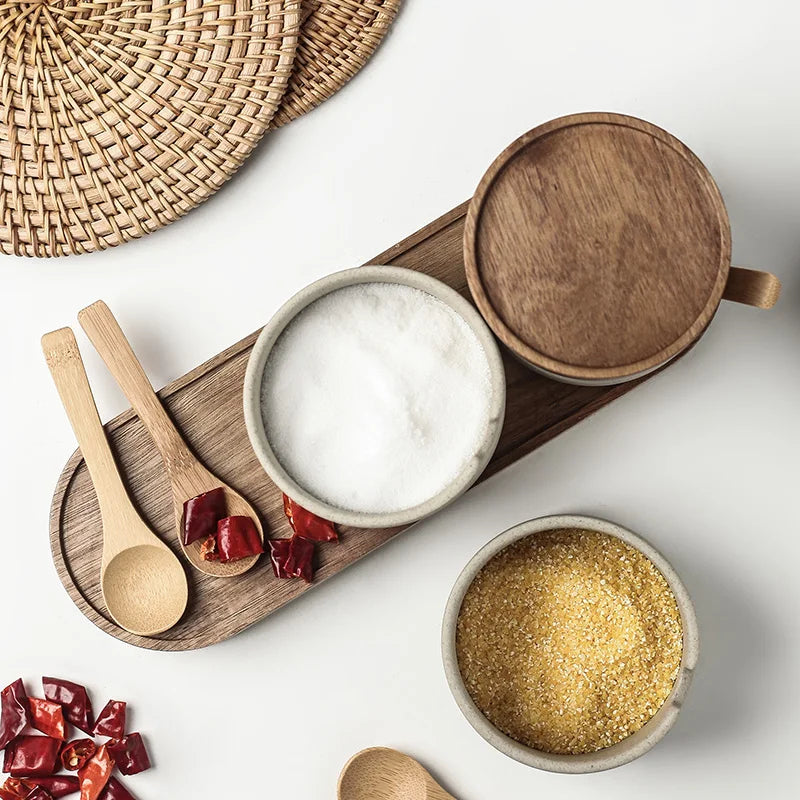 JUSTINLAU Ceramic Seasoning Jar Japanese Spice Container with Bamboo Lid Spoon Home Oil Pot Seasoning Bottle Tray Kitchen Tools