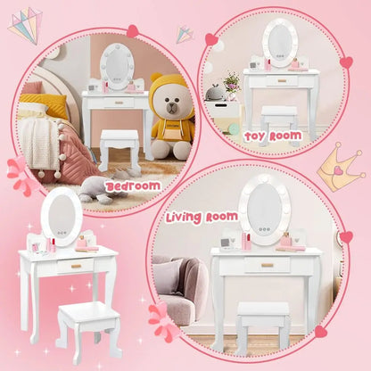 Kids Vanity Set, Pretend Play Girls Vanity Table and Chair Set with Lighted Mirror,Stool,Wood Makeup Playset,Birthday Gift