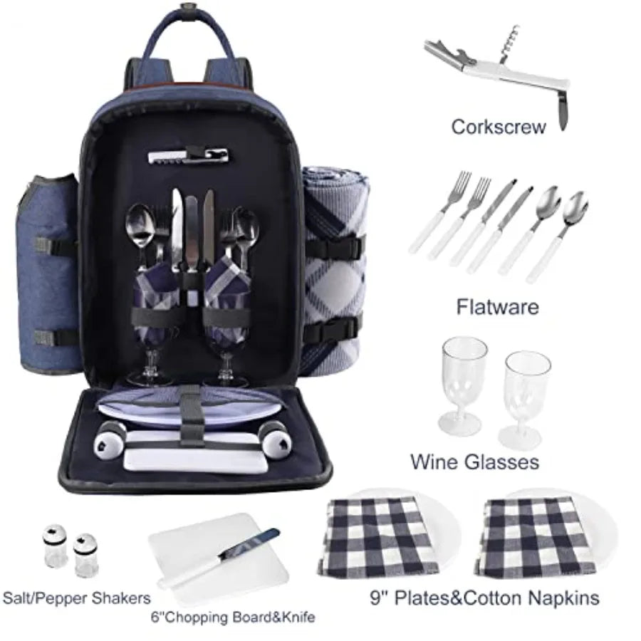 Picnic Backpack for Set W/Detachable Bottle/Wine Holder Fleece Blanket Plates and Cutlery Set