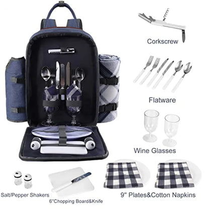 Picnic Backpack for Set W/Detachable Bottle/Wine Holder Fleece Blanket Plates and Cutlery Set