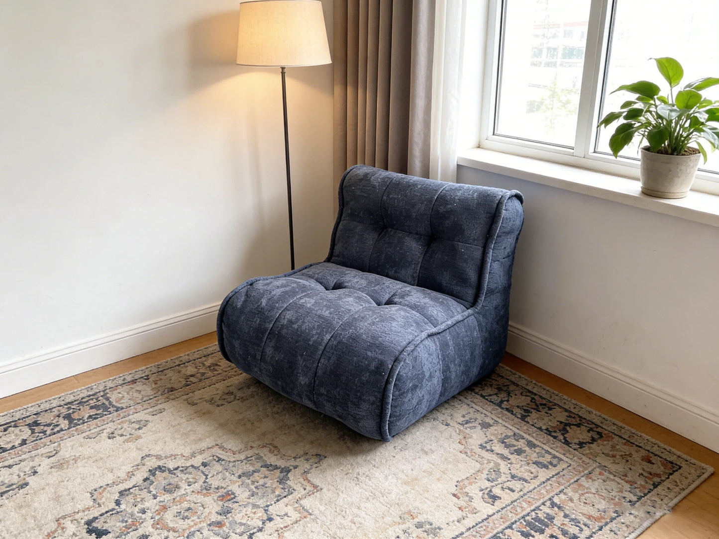 Shredded Sponge Filled Lazy Sofa - Plush Upholstered Floor Chair with Tufted Backrest for Living Room Bedroom