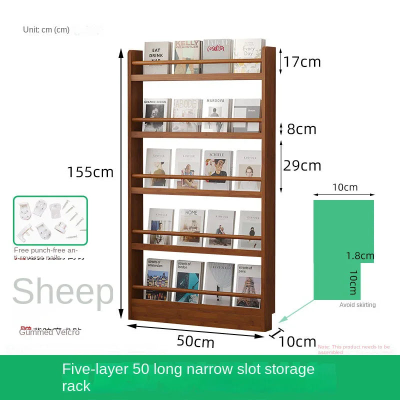 Behind the door, there is a small bookshelf, a multi-layer solid wood ultra-thin bookcase, a newspaper rack, a narrow slit child