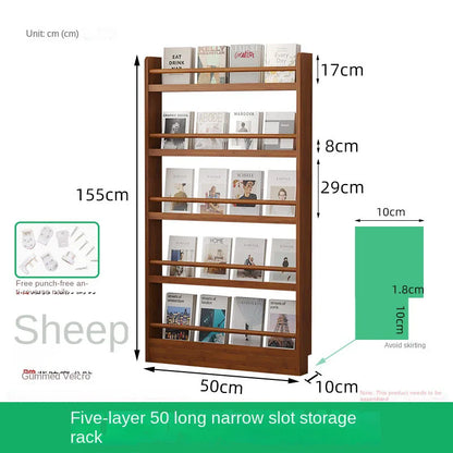 Behind the door, there is a small bookshelf, a multi-layer solid wood ultra-thin bookcase, a newspaper rack, a narrow slit child