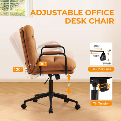 Leather Home Desk Chair, Comfortable Executive Office Chair with Wheels, Ergonomic Computer Task Chair Adjustable Height, Brown