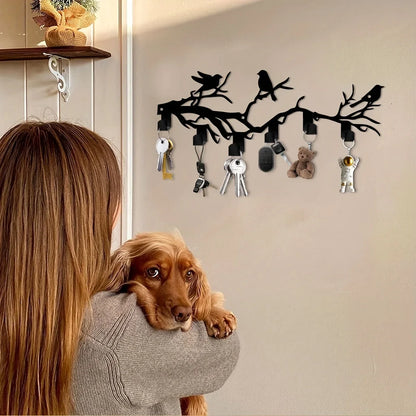 1pc Bohemian Black Metal Bird on Branch Wall Hook - Heavy-Duty Hot Iron Key Holder with Bird Silhouettes (Crows/Sparrows)