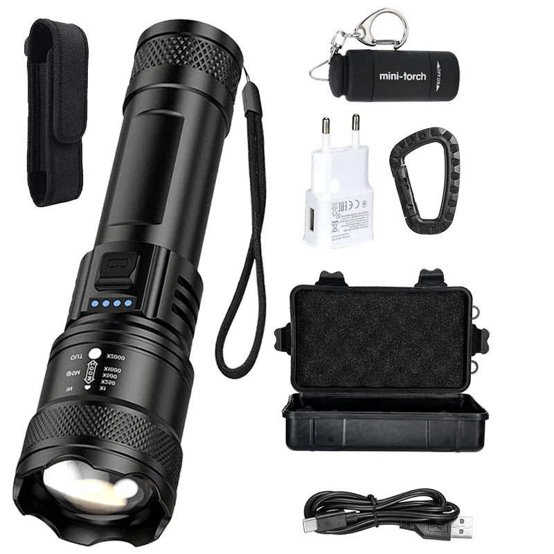 Super Bright Flashlight USB Rechargeable LED Long Range Tactical Torch Outdoor Waterproof Emergency Camping Fishing Lantern