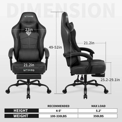 gaming chair with footrest, 400LBS capacity. Adjustable lumbar support, height-reclining. Heavy-duty PU leather, ergonomic