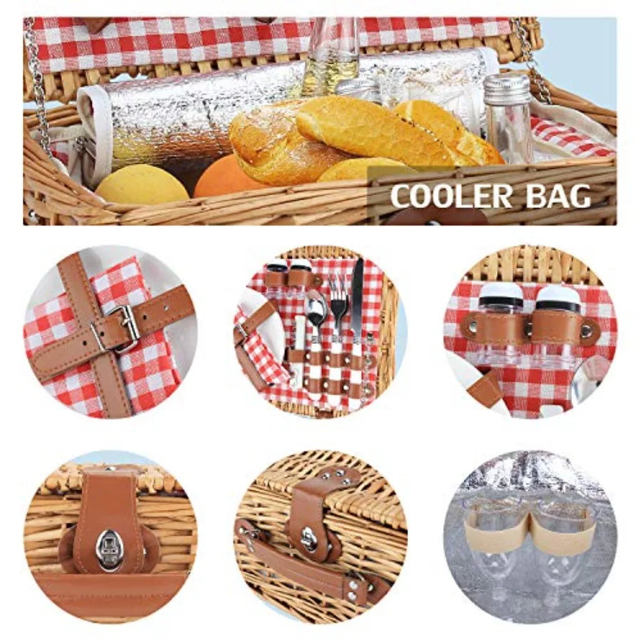 Wicker Picnic Basket for 2 Person Willow Hamper Basket Sets with Insulated Compartment Handmade 2 Person Picnic Basket Classica