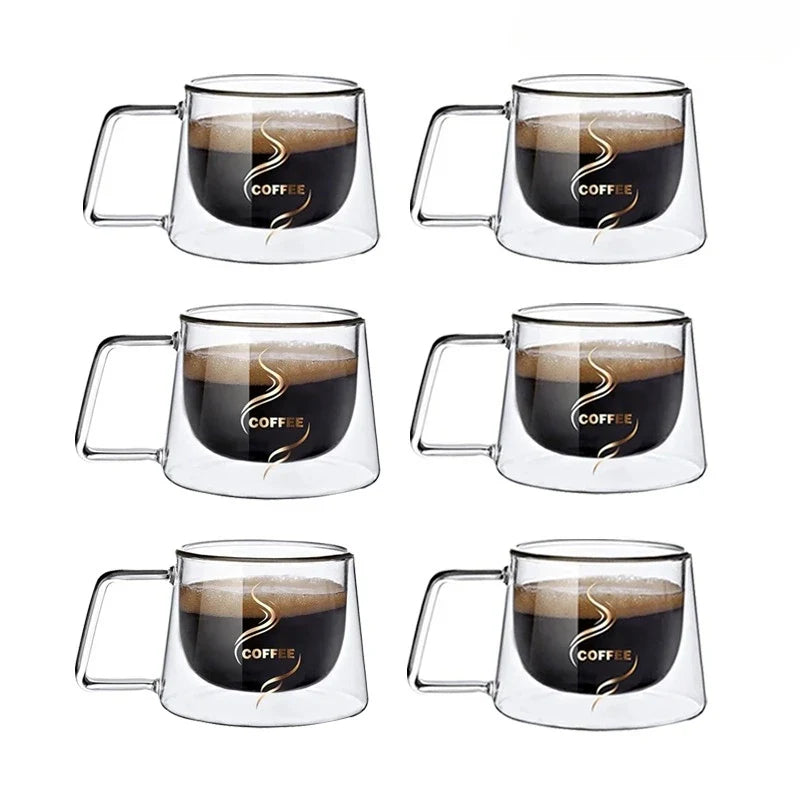 JUSTINLAU 200ML Espresso Cup Heat-resistant Double Wall Glass Coffee Mug with Handle Cappuccino Latte Breakfast Tea Water Cups
