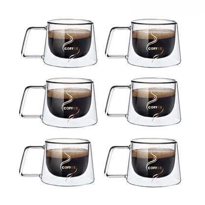 JUSTINLAU 200ML Espresso Cup Heat-resistant Double Wall Glass Coffee Mug with Handle Cappuccino Latte Breakfast Tea Water Cups