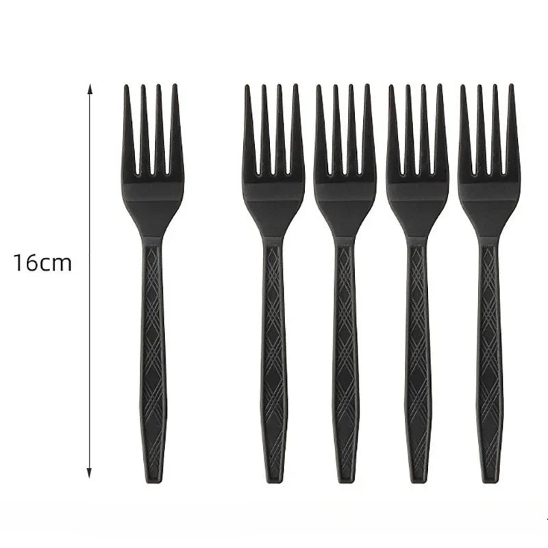Disposable Tableware Solid Black Theme Birthday Party Paper Napkins Cups Plates Tablecloths Knife Fork Spoon Party Decorations
