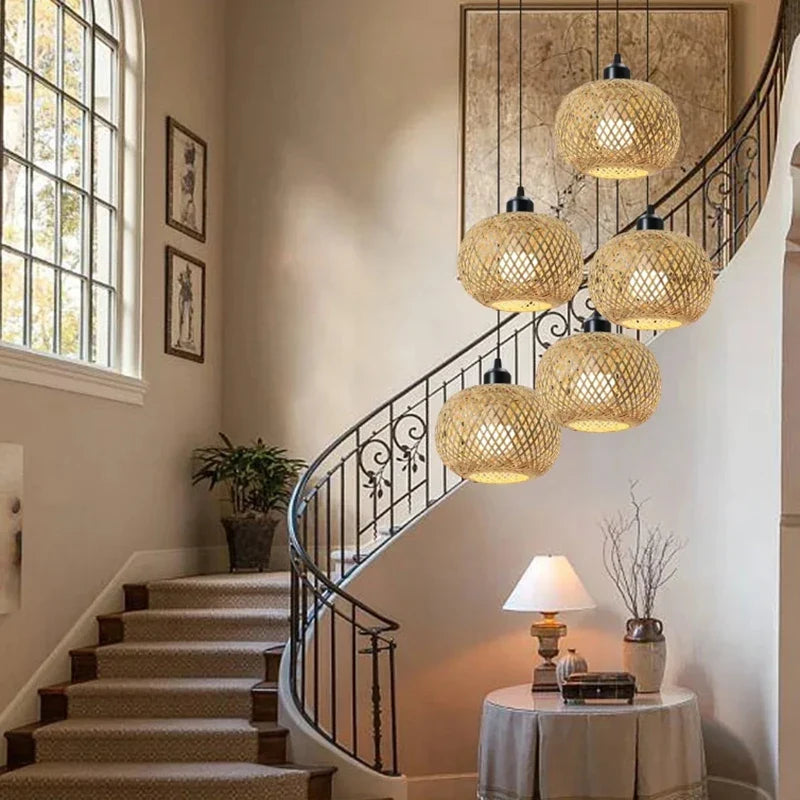 Retro Bamboo Pendant Lamp Woven Chandelier Hanging Lamp Handmade Rattan Pendant Light Fixture Restaurant Dining Room Indoor Ligh