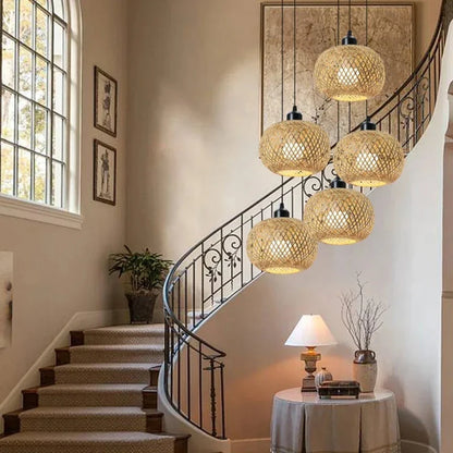 Retro Bamboo Pendant Lamp Woven Chandelier Hanging Lamp Handmade Rattan Pendant Light Fixture Restaurant Dining Room Indoor Ligh