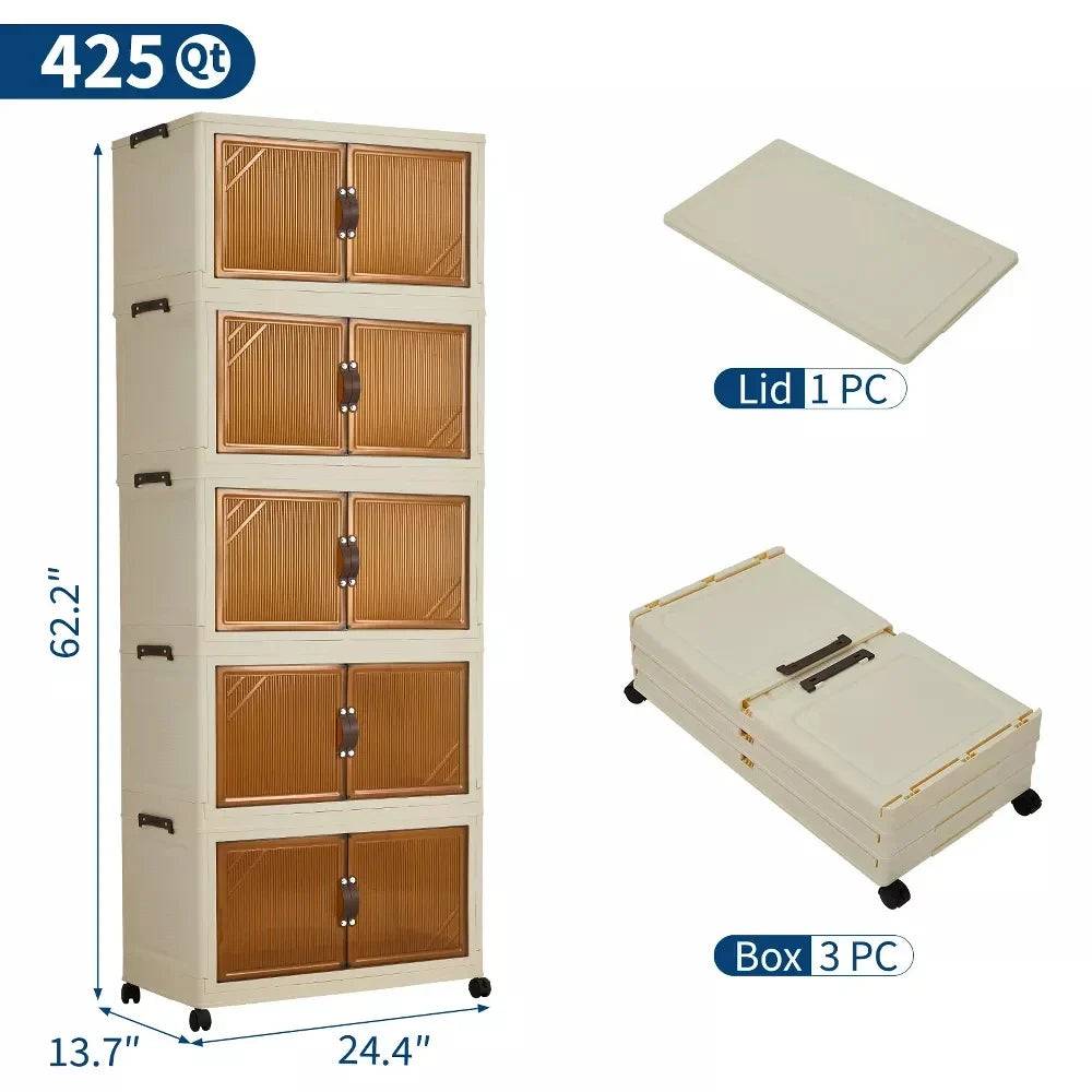 Storage Organiser,5 Tier Stackable Clothes Storage Boxes with Wheels,Folding Drawers for Clothes, Cupboard Organiser for Bedroom
