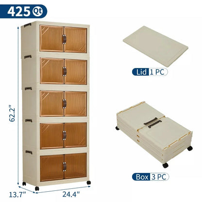 Storage Organiser,5 Tier Stackable Clothes Storage Boxes with Wheels,Folding Drawers for Clothes, Cupboard Organiser for Bedroom