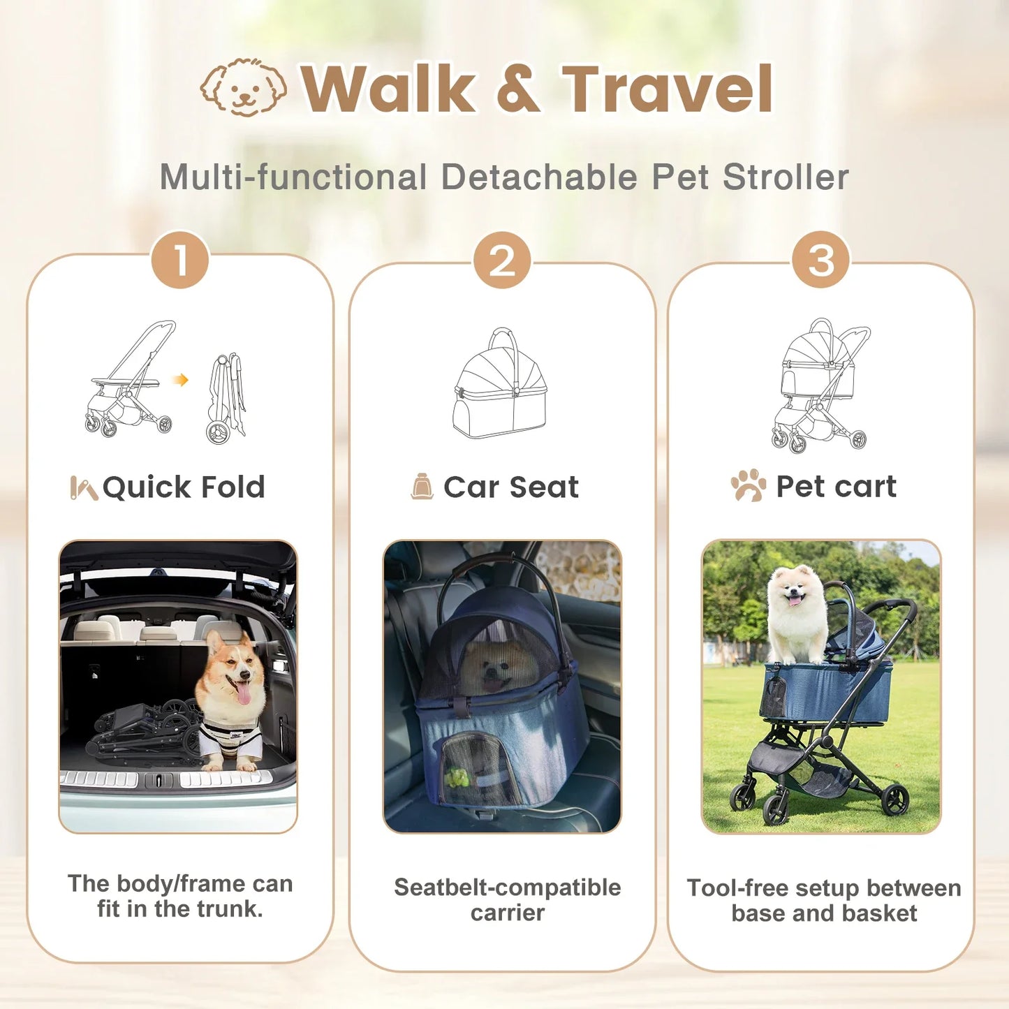 3 in 1 Dog Stroller, Upgraded Frame, Up to 44lbs Pet Stroller with Dog Poop Bags & Dispenser, Zipperless Entry, Storage Basket &