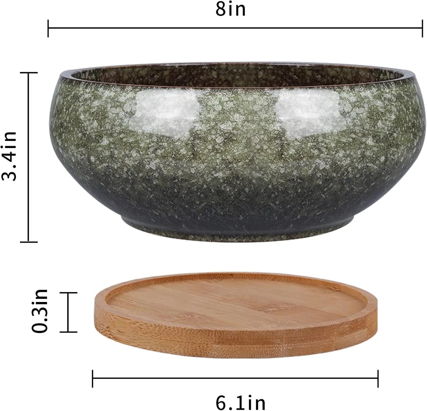 8 Inch Glazed Ceramic Bonsai Pot with Drainage Hole and Bamboo Saucer for Succulents, Indoor Plants