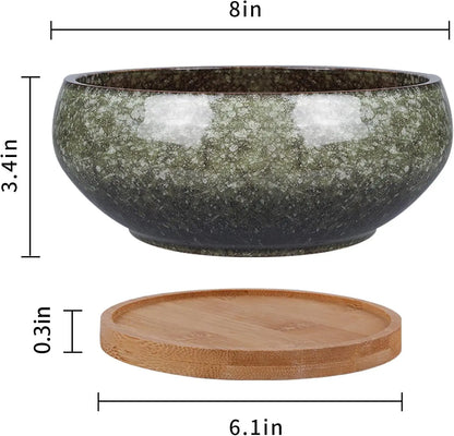 8 Inch Glazed Ceramic Bonsai Pot with Drainage Hole and Bamboo Saucer for Succulents, Indoor Plants