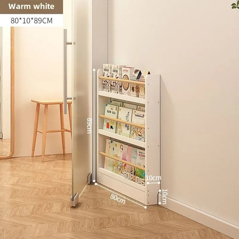 Solid wood bookshelf, floor standing wall mounted multi-layer storage rack, household bookshelf, thin bookshelf behind the door