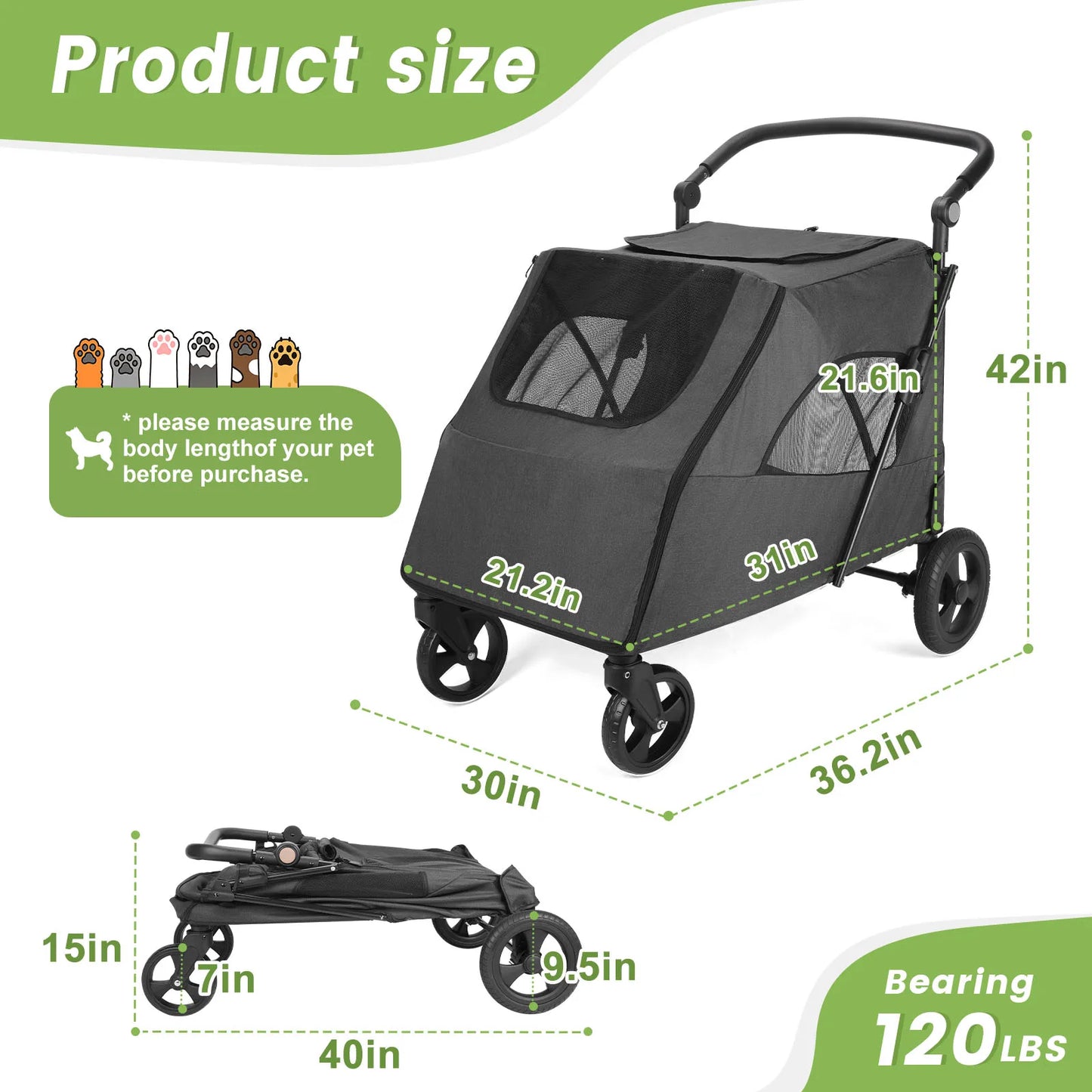Pet Stroller for Large Dogs,Up to 66lbs Pet Pram Adjustable Handle, Folding Dog Buggy, XXL Storage Double Pet Pram for Cats